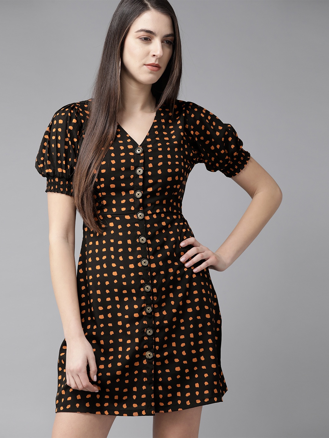 Roadster Women Black Orange Printed A-Line Dress