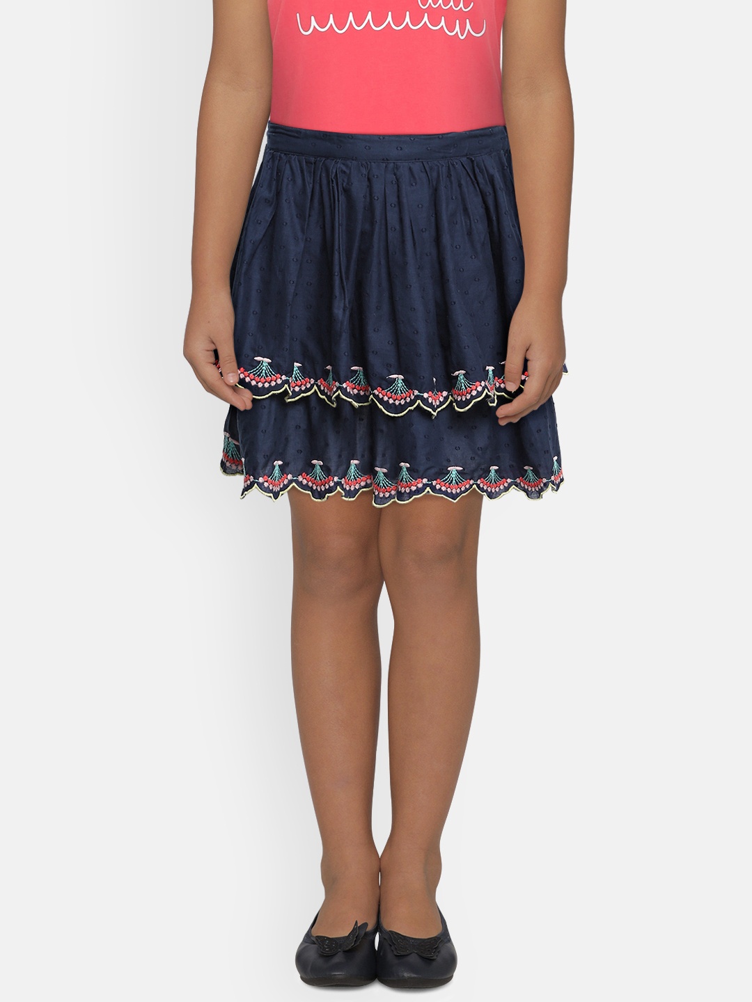 Global Desi Girls Navy Blue Self-Design Embroidered Pure Cotton Layered Flared Skirt
Global Desi Girls Navy Blue Self-Design Embroidered Pure Cotton Layered Flared Skirt
