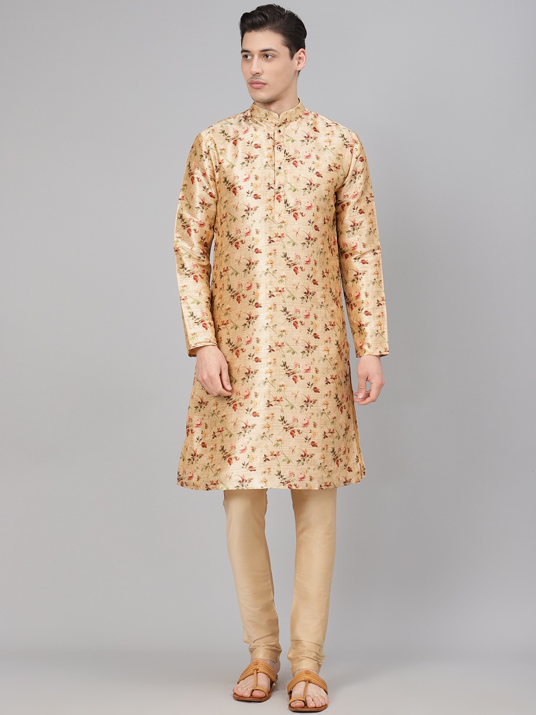 Readiprint Fashions Men Beige & Red Floral Printed Kurta with Churidar