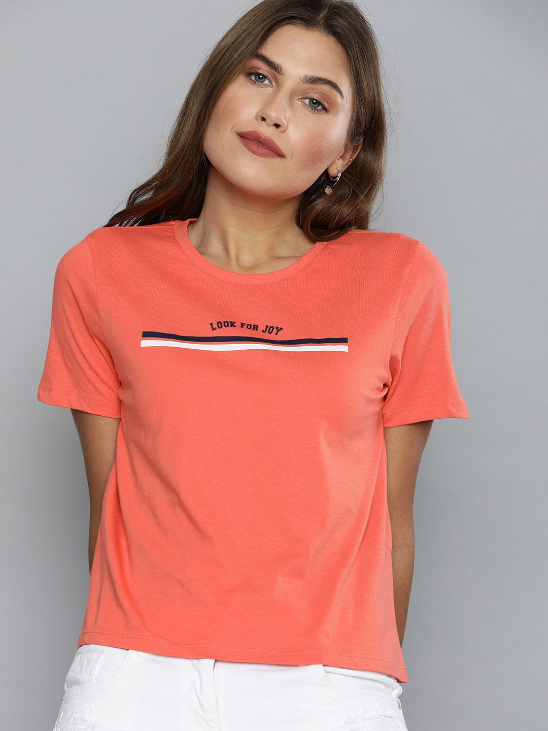 Mast Harbour Women Coral Pink Solid Round Neck Pure Cotton T-shirt With Striped Detailing
Mast Harbour Women Coral Pink Solid Round Neck Pure Cotton T-shirt With Striped Detailing