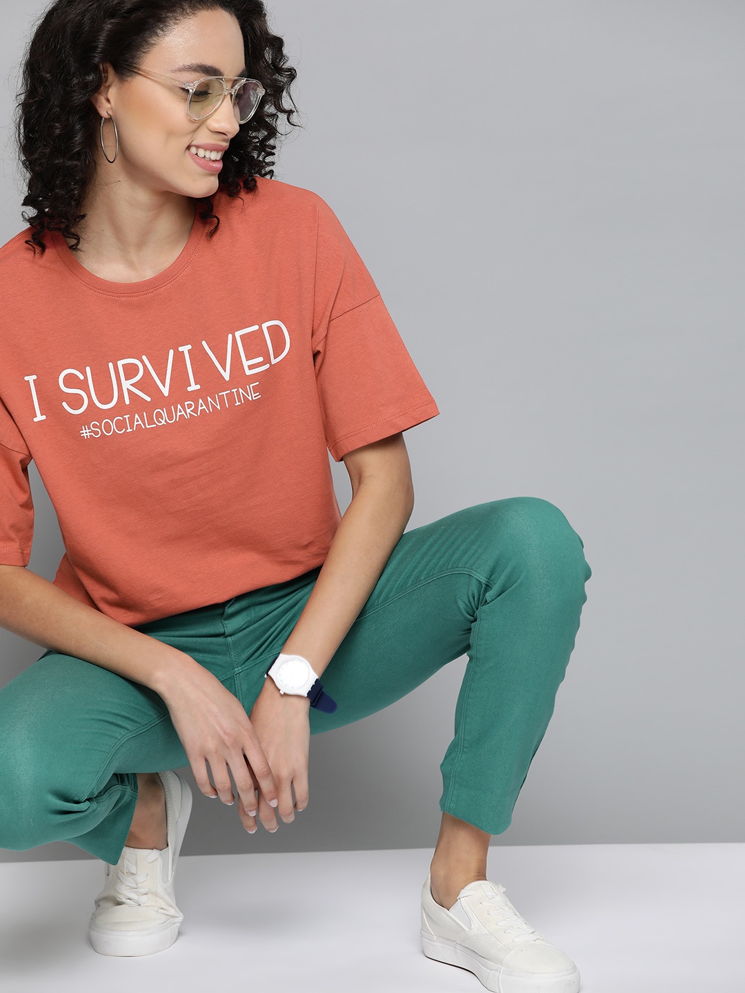 Mast & Harbour Women Coral Orange Printed Pure Cotton Round Neck T-shirt