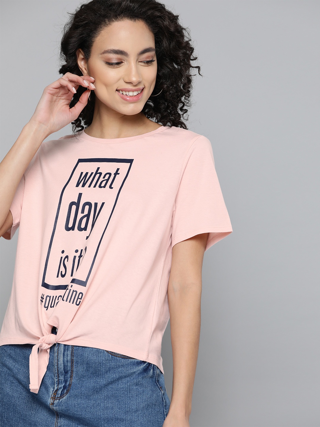 Mast & Harbour Women Peach-Coloured Printed Tie-Up Pure Cotton Top