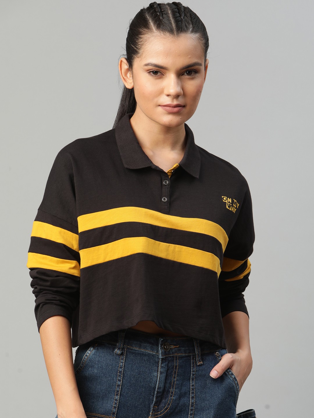 The Roadster Lifestyle Co Women Black Mustard Yellow Pure Cotton Striped Polo Collar Cropped Pure Cotton T-shirt
The Roadster Lifestyle Co Women Black Mustard Yellow Pure Cotton Striped Polo Collar Cropped Pure Cotton T-shirt