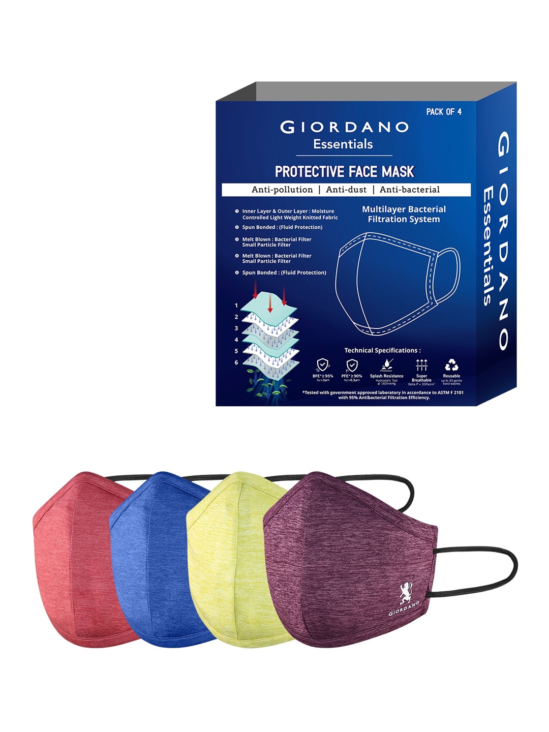 GIORDANO Unisex 4 Pcs Solid Reusable Outdoor 6-Ply Protective Outdoor Masks, Blue