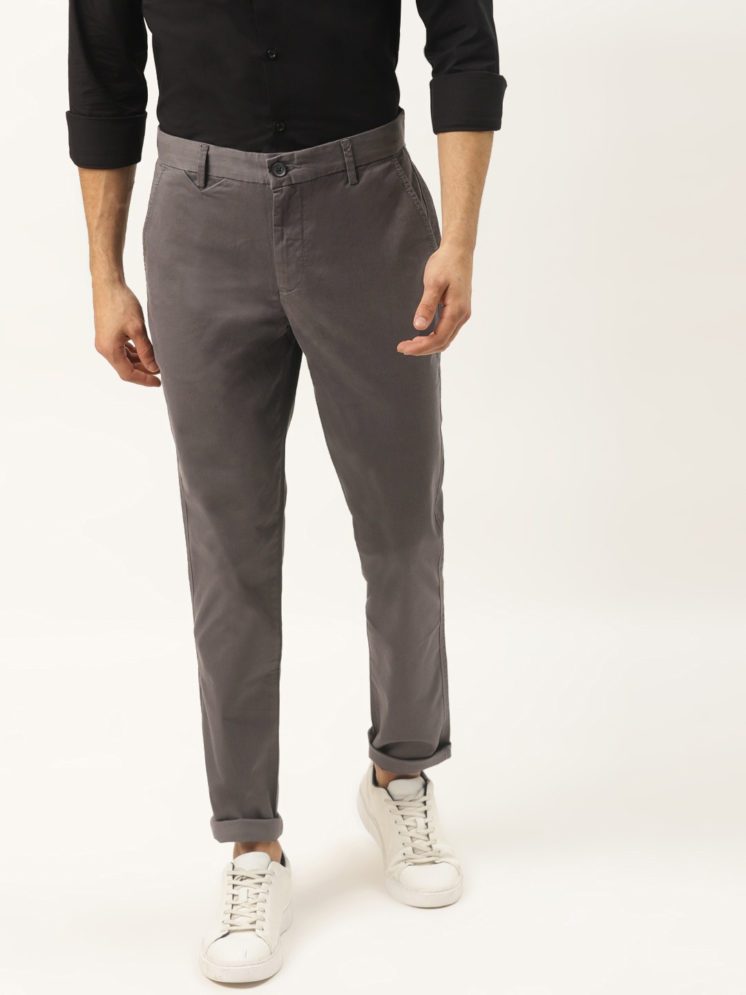 United Colors of Benetton Men Grey Slim Fit Solid Chinos