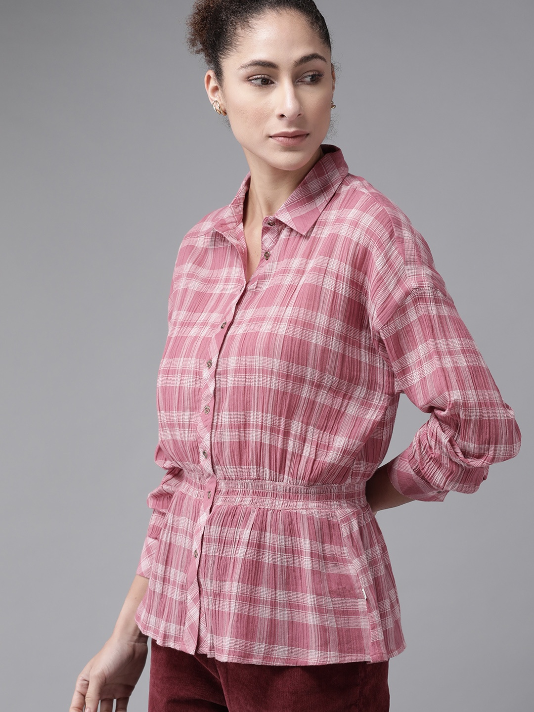 The Roadster Lifestyle Co Women Pink & Off-White Pure Cotton Checked Cinched Waist Casual Shirt
The Roadster Lifestyle Co Women Pink & Off-White Pure Cotton Checked Cinched Waist Casual Shirt