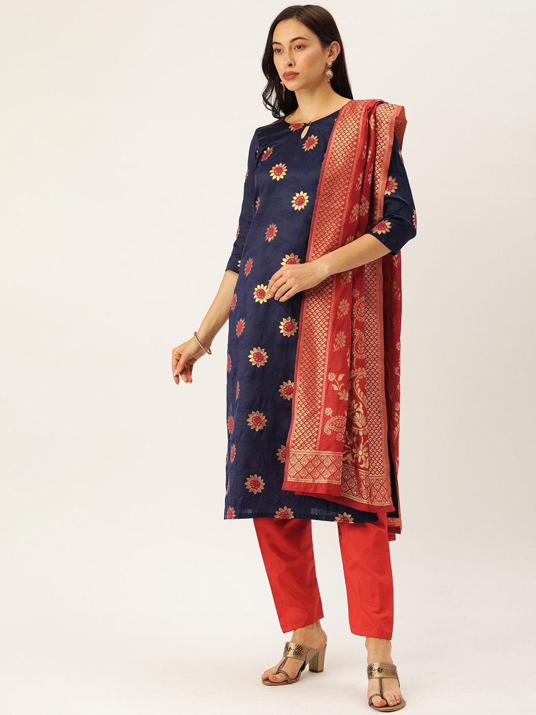 Kvsfab Navy Blue & Red Silk Crepe Unstitched Dress Material