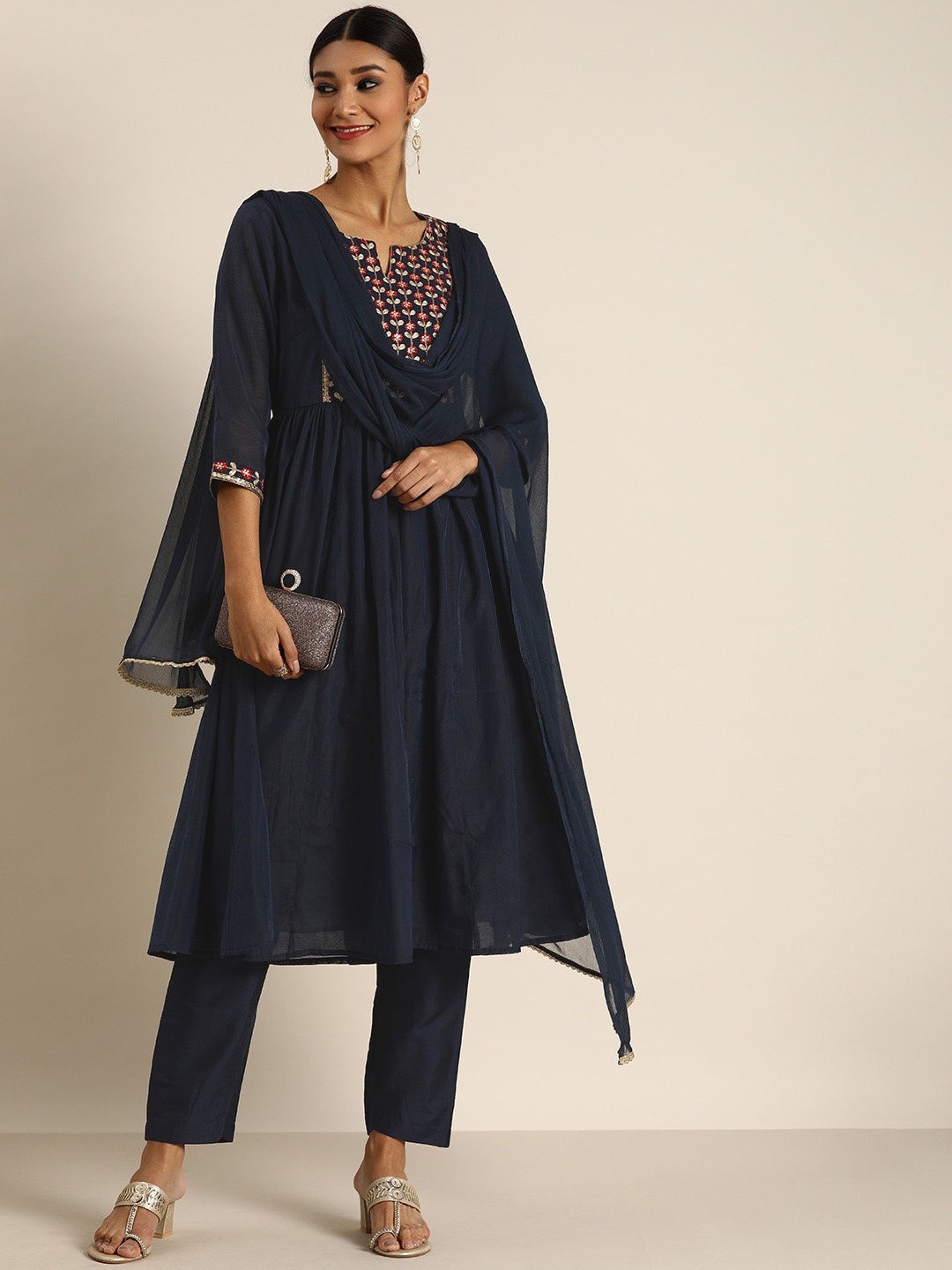 all about you Women Navy Blue Yoke Embroidered Sequinned Kurta with Trousers & Dupatta
all about you Women Navy Blue Yoke Embroidered Sequinned Kurta with Trousers & Dupatta