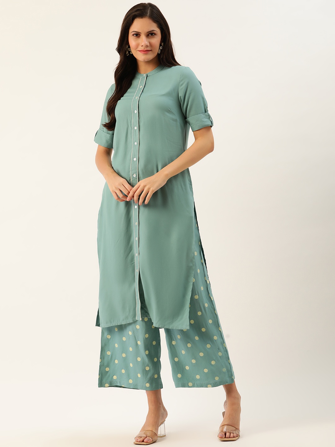 all about you Women Sea Green & Off-White Solid Kurta with Palazzos