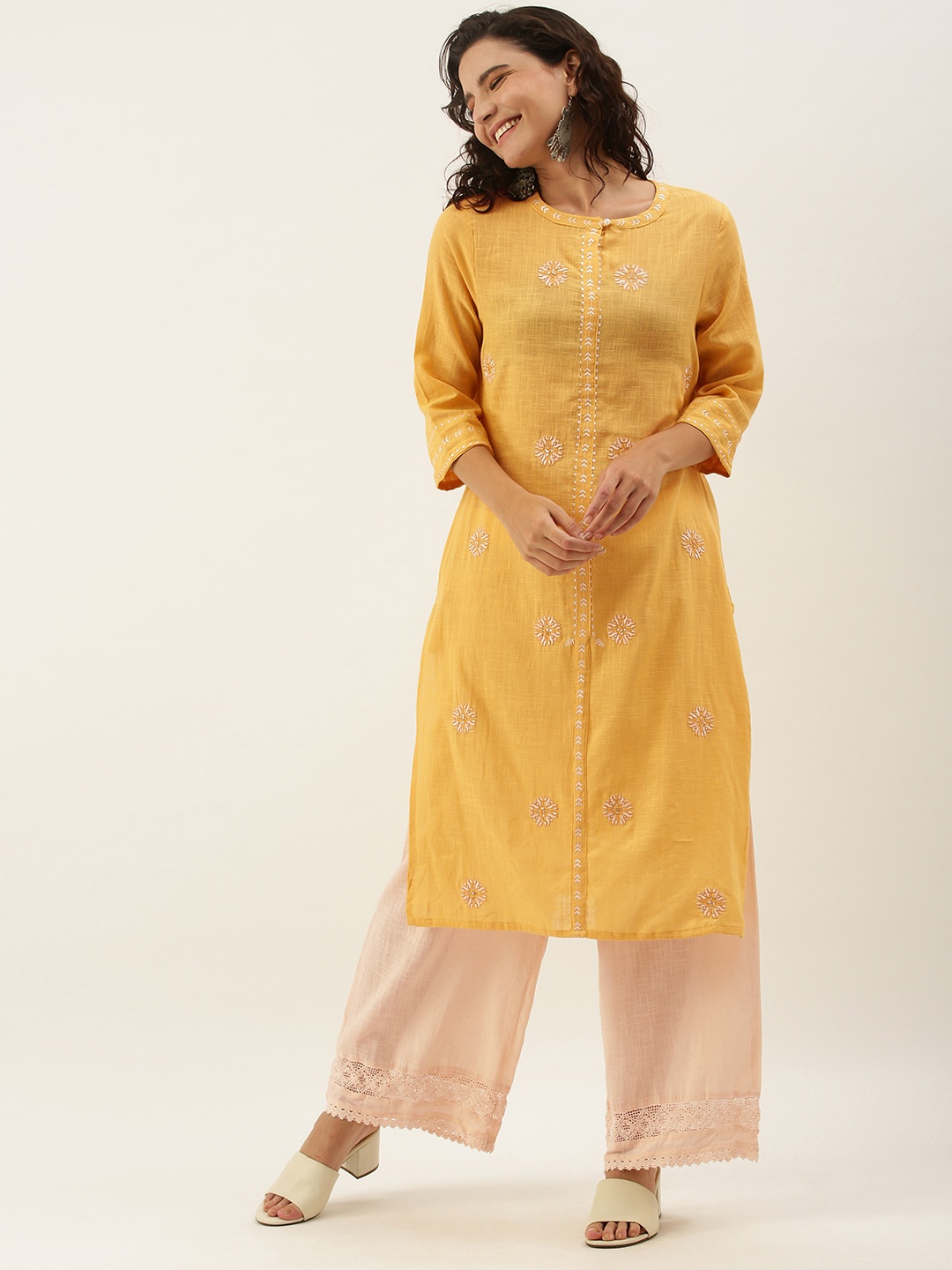 all about you Women Yellow Floral Embroidered Thread Work Pure Cotton Kurta with Palazzos
all about you Women Yellow Floral Embroidered Thread Work Pure Cotton Kurta with Palazzos