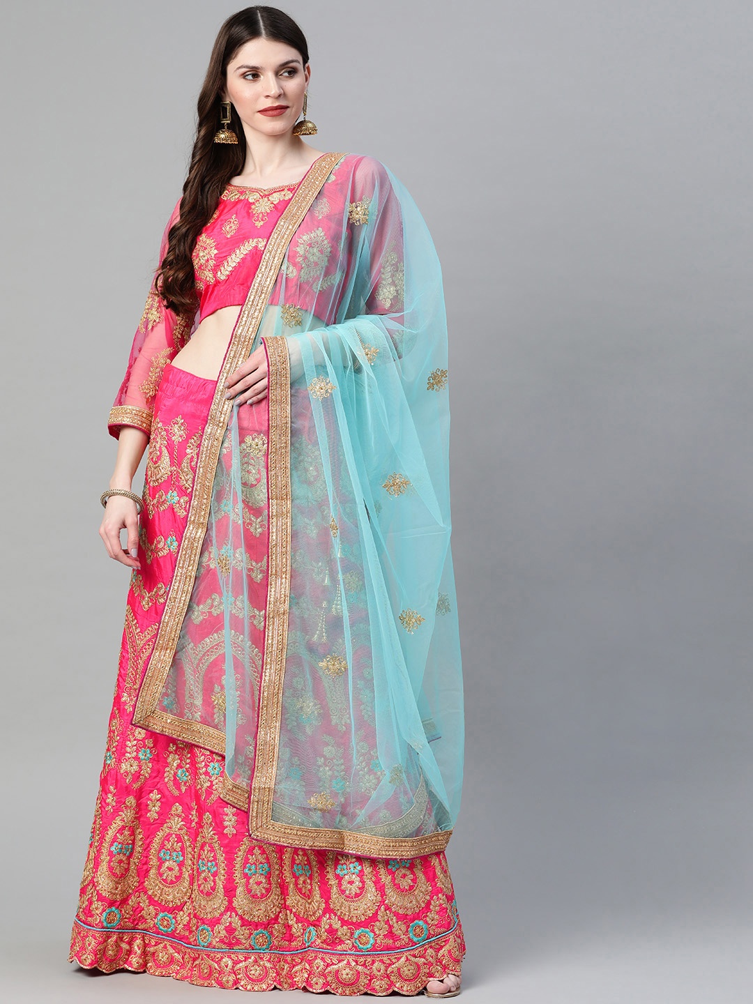 Readiprint Fashions Pink & Blue Embroidered Semi-Stitched Lehenga & Unstitched Blouse with Dupatta
Readiprint Fashions Pink & Blue Embroidered Semi-Stitched Lehenga & Unstitched Blouse with Dupatta