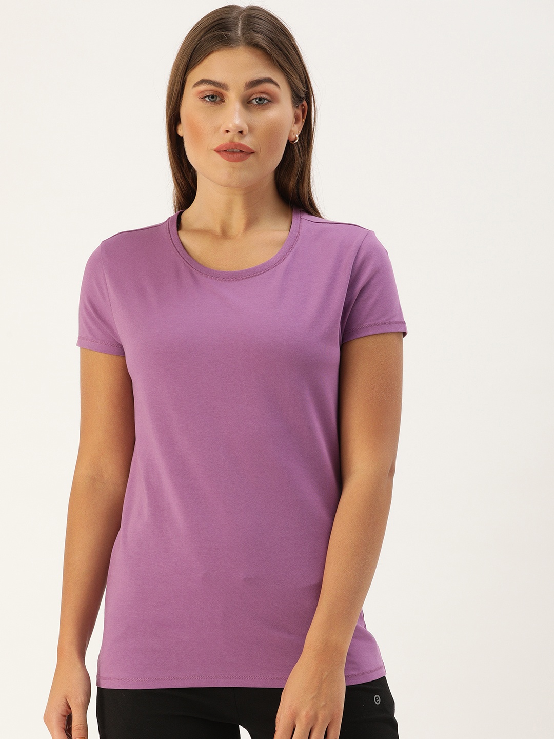Enamor Women Purple Slim Fit Crew Round Neck T-Shirt