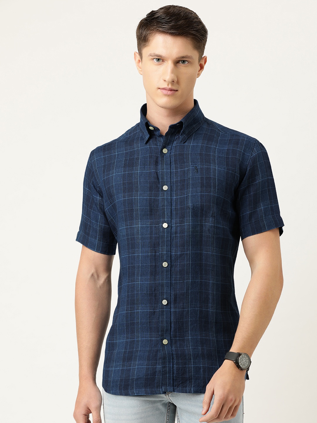 Burnt Umber Men Navy Pure European Linen Slim Fit Tartan Checked Casual Shirt, Navy blue
Burnt Umber Men Navy Pure European Linen Slim Fit Tartan Checked Casual Shirt, Navy blue
