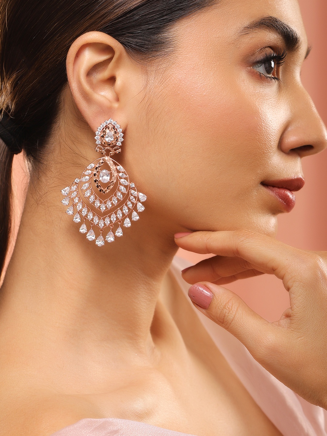 Rubans 22K Rose Gold-Plated White Cubic Zirconia Studded Statement Chandelier Earrings
Rubans 22K Rose Gold-Plated White Cubic Zirconia Studded Statement Chandelier Earrings