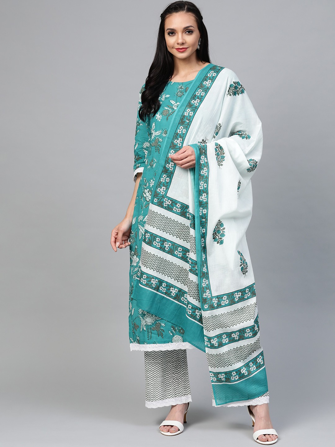 Yuris Women Teal Green & White Printed Kurta with Trousers & Dupatta