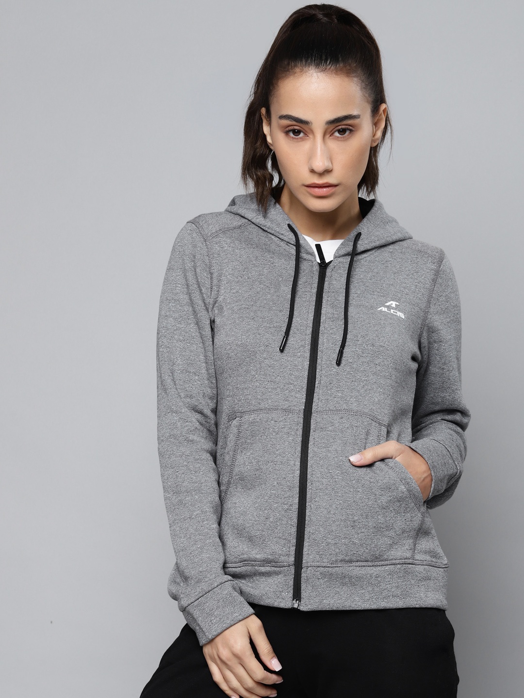Alcis Women Grey Melange Solid Hooded Front Open Sweatshirt