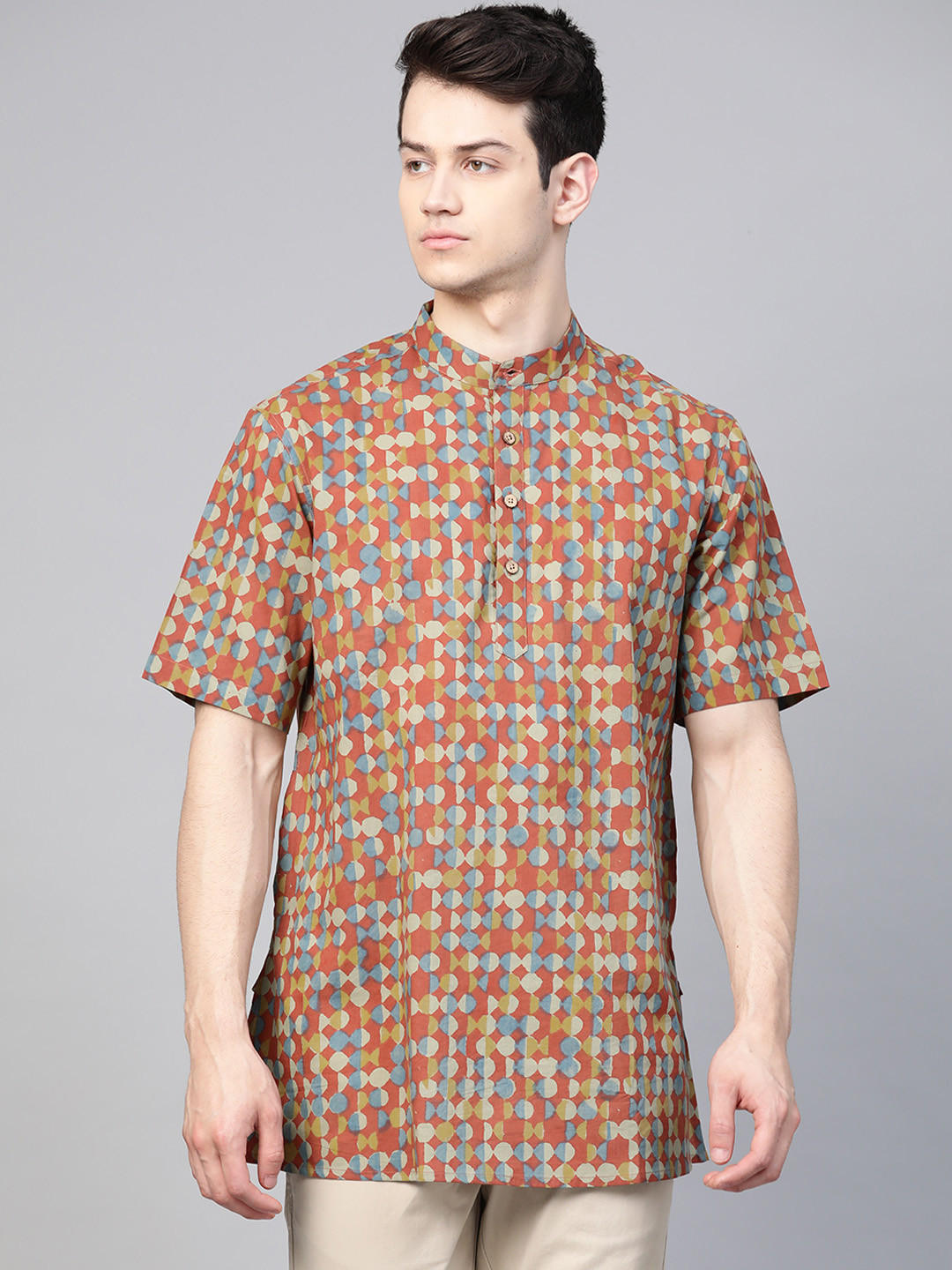 Fabindia Men Rust Red & Blue Pure Cotton Printed Straight Kurta 
Fabindia Men Rust Red & Blue Pure Cotton Printed Straight Kurta