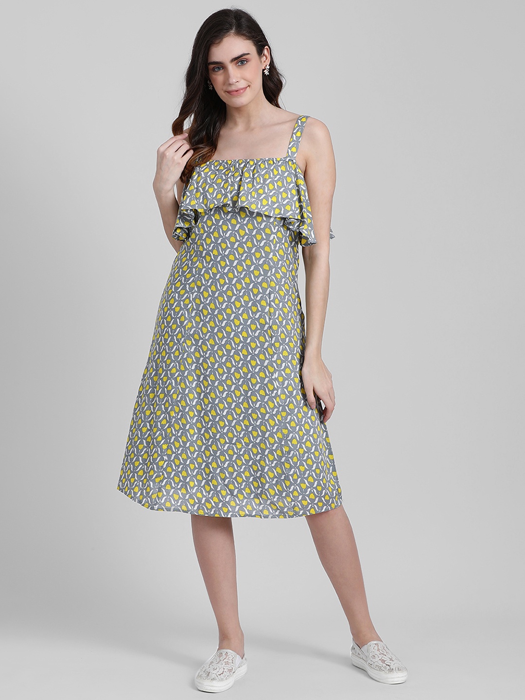 Zink London Women Grey Printed A-Line Dress