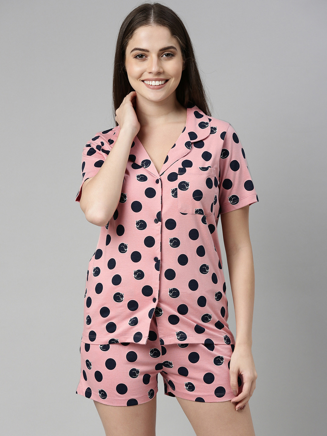 Mast & Harbour Women Pink & Navy Blue Polka Dot Printed Night Suit
Mast & Harbour Women Pink & Navy Blue Polka Dot Printed Night Suit