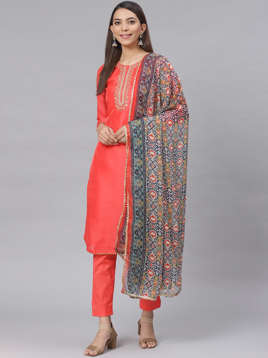 Saree mall Coral Red & Navy Blue Embroidered Yoke Design Unstitched Dress Material