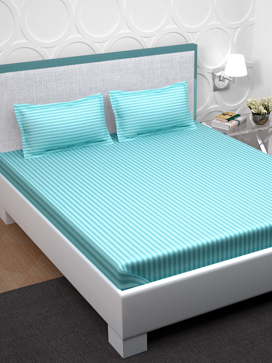 PAVO Turquoise Blue Striped 210 TC Cotton 1 Double XL Bedsheet with 2 Pillow Covers
PAVO Turquoise Blue Striped 210 TC Cotton 1 Double XL Bedsheet with 2 Pillow Covers