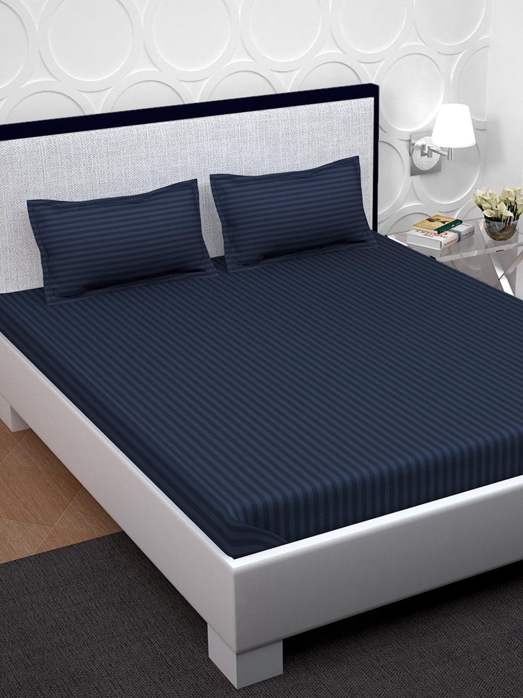PAVO Navy-Blue Striped 210 TC 100% Cotton 1 Double King Bedsheet with 2 Pillow Covers
PAVO Navy-Blue Striped 210 TC 100% Cotton 1 Double King Bedsheet with 2 Pillow Covers