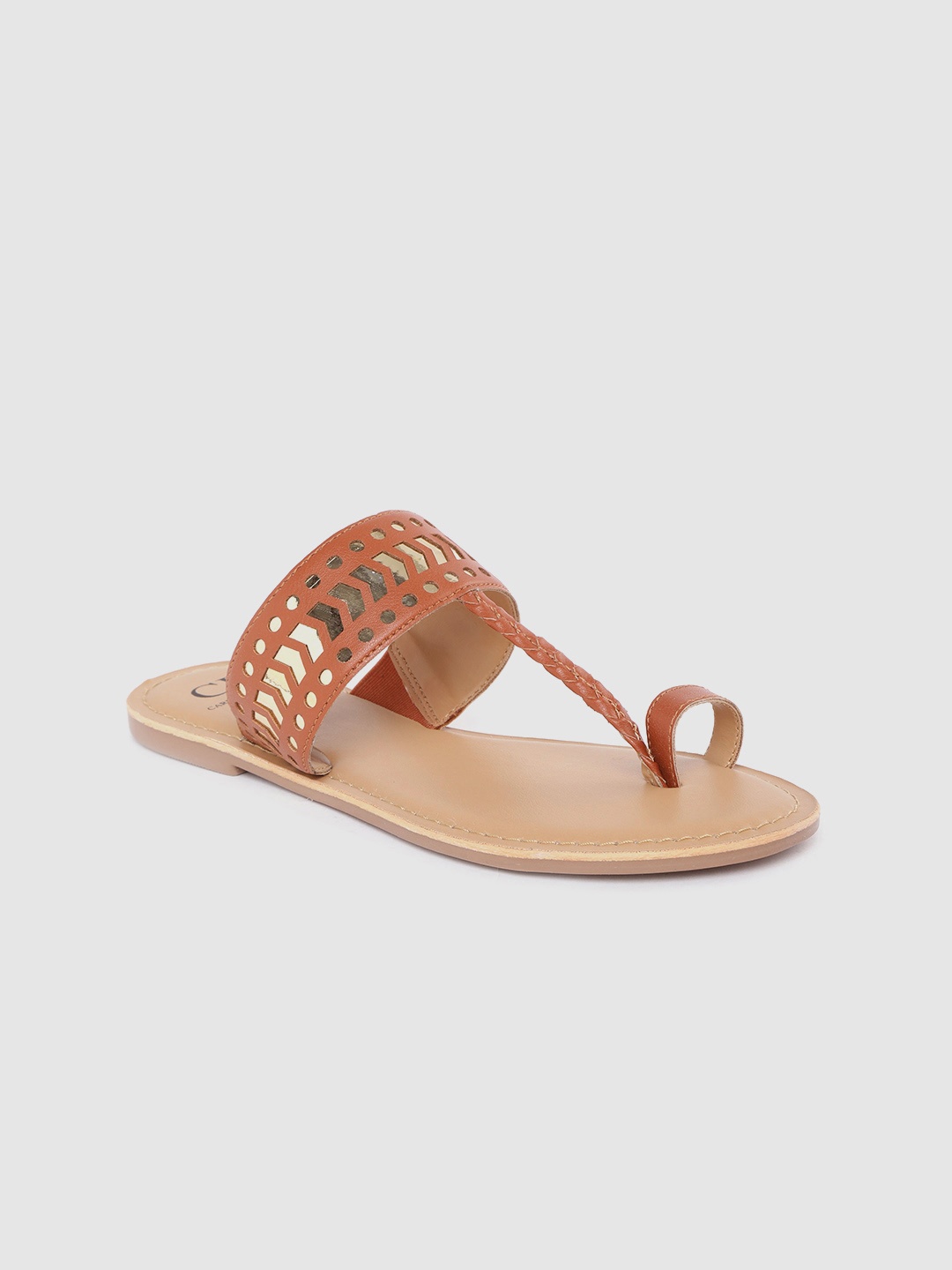Carlton London Women Tan Brown & Gold-Toned Braided Mirror Work One Toe Flats
Carlton London Women Tan Brown & Gold-Toned Braided Mirror Work One Toe Flats