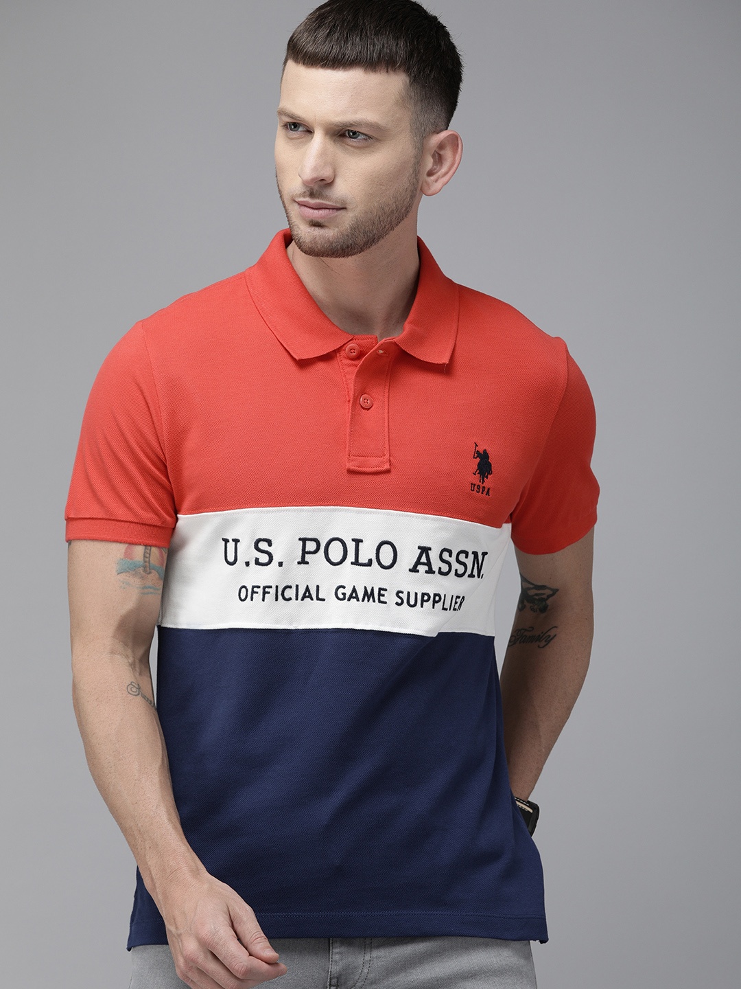 U.S. Polo Assn. Men Coral Red White Colourblocked Pure Cotton Polo Collar Pure Cotton T-shirt
U.S. Polo Assn. Men Coral Red White Colourblocked Pure Cotton Polo Collar Pure Cotton T-shirt