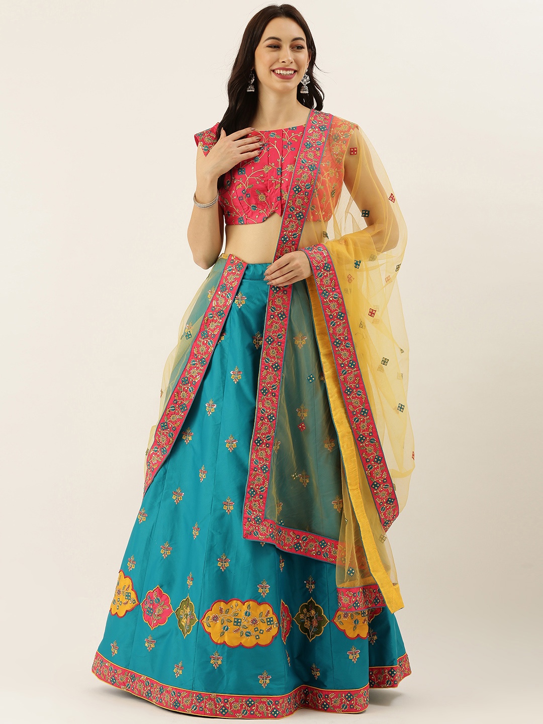 panchhi Trquoise Blue & Red Semi-Stitched Lehenga & Unstitched Blouse with Dupatta, Teal
panchhi Trquoise Blue & Red Semi-Stitched Lehenga & Unstitched Blouse with Dupatta, Teal