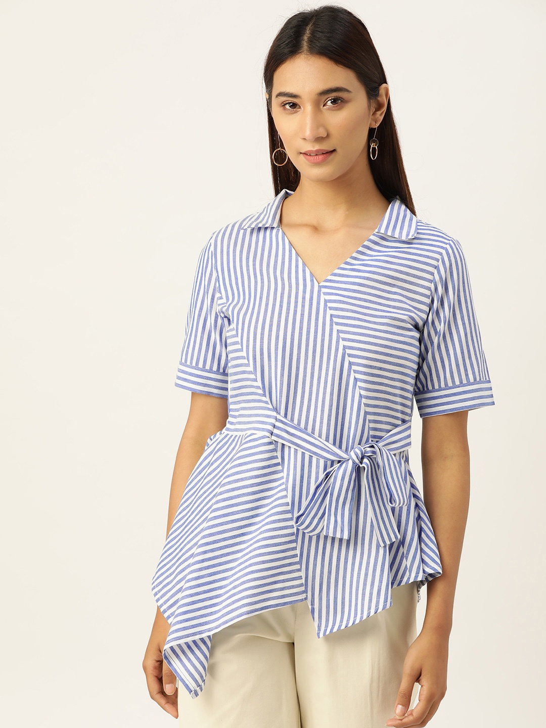 AND Women Blue & White Pure Cotton Striped Cinched Waist Top