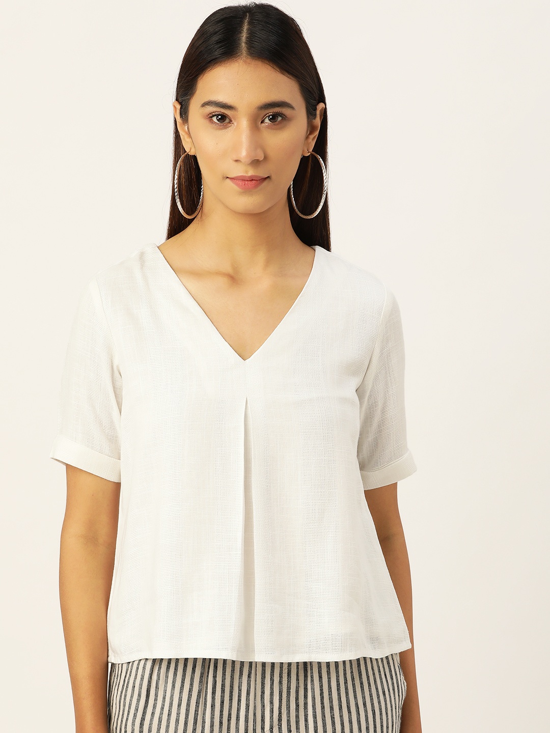 AND Women Off-White Self-Striped A-Line Top