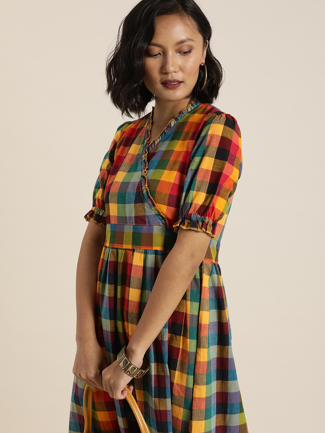 Taavi Women Multicoloured Woven Legacy Cotton Checked Wrap Sustainable Dress with Gathers, Multi
Taavi Women Multicoloured Woven Legacy Cotton Checked Wrap Sustainable Dress with Gathers, Multi
