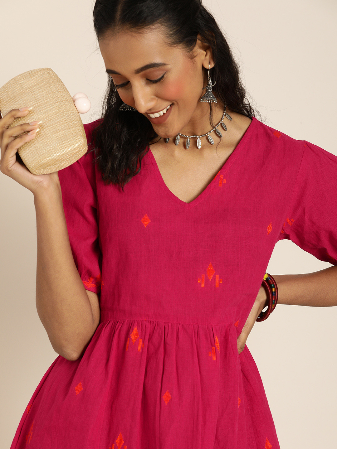 Taavi Pink and Orange Geometric Printed Woven Legacy Pure Cotton A-Line Sustainable Ethnic Dress 
Taavi Pink and Orange Geometric Printed Woven Legacy Pure Cotton A-Line Sustainable Ethnic Dress