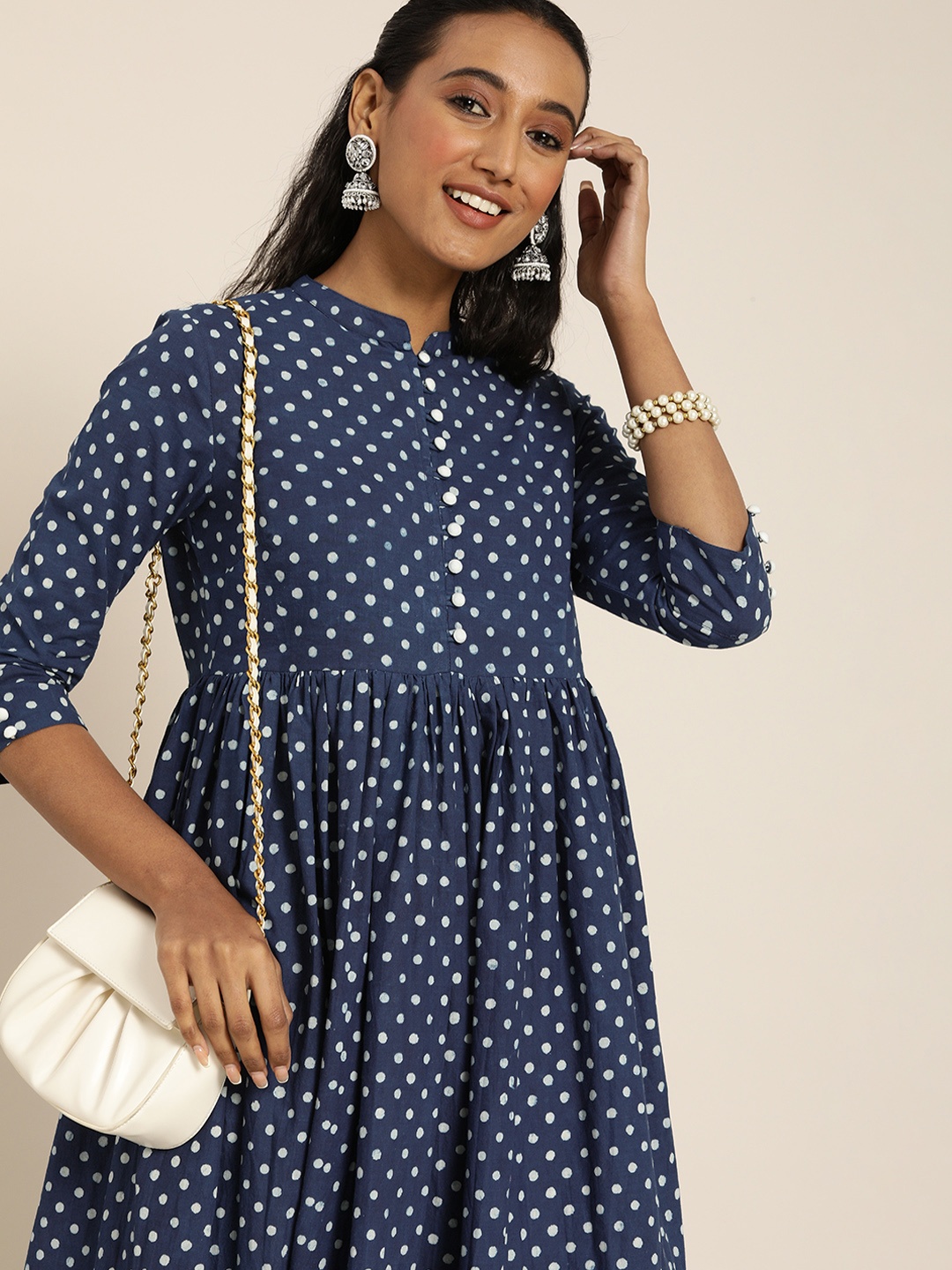 Taavi Women Navy Blue & White Indigo Hand Block Anarkali Kurta With Pleated Detailing
Taavi Women Navy Blue & White Indigo Hand Block Anarkali Kurta With Pleated Detailing