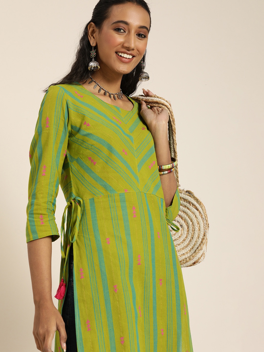 Taavi Women Lime Green & Blue Striped Woven Legacy Straight Kurta with Tie-Up Detailing
Taavi Women Lime Green & Blue Striped Woven Legacy Straight Kurta with Tie-Up Detailing