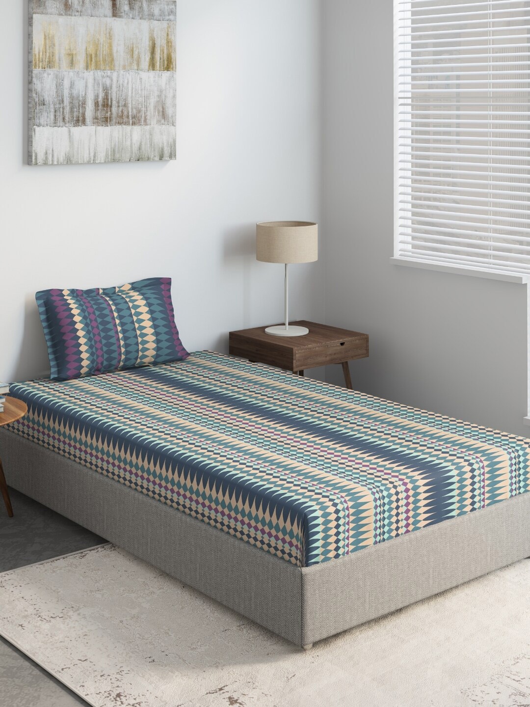 DDecor Blue & Peach-Coloured Geometric Printed 144 TC Cotton Single Bedsheet With Pillow Cover
DDecor Blue & Peach-Coloured Geometric Printed 144 TC Cotton Single Bedsheet With Pillow Cover