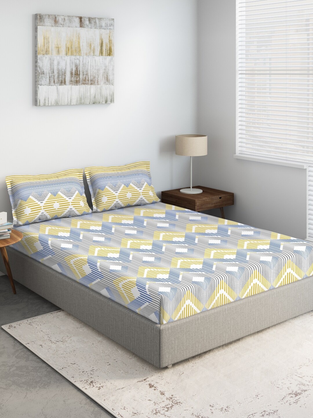 DDecor Blue & Yellow Geometric 144 TC 100% Cotton Double King Bedsheet with Two Pillow Covers
DDecor Blue & Yellow Geometric 144 TC 100% Cotton Double King Bedsheet with Two Pillow Covers