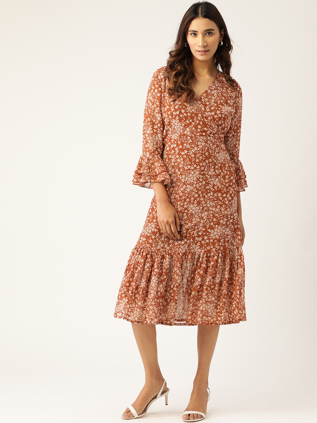 WISSTLER Brown & Off-White Floral Print Wrap Dress 
WISSTLER Brown & Off-White Floral Print Wrap Dress