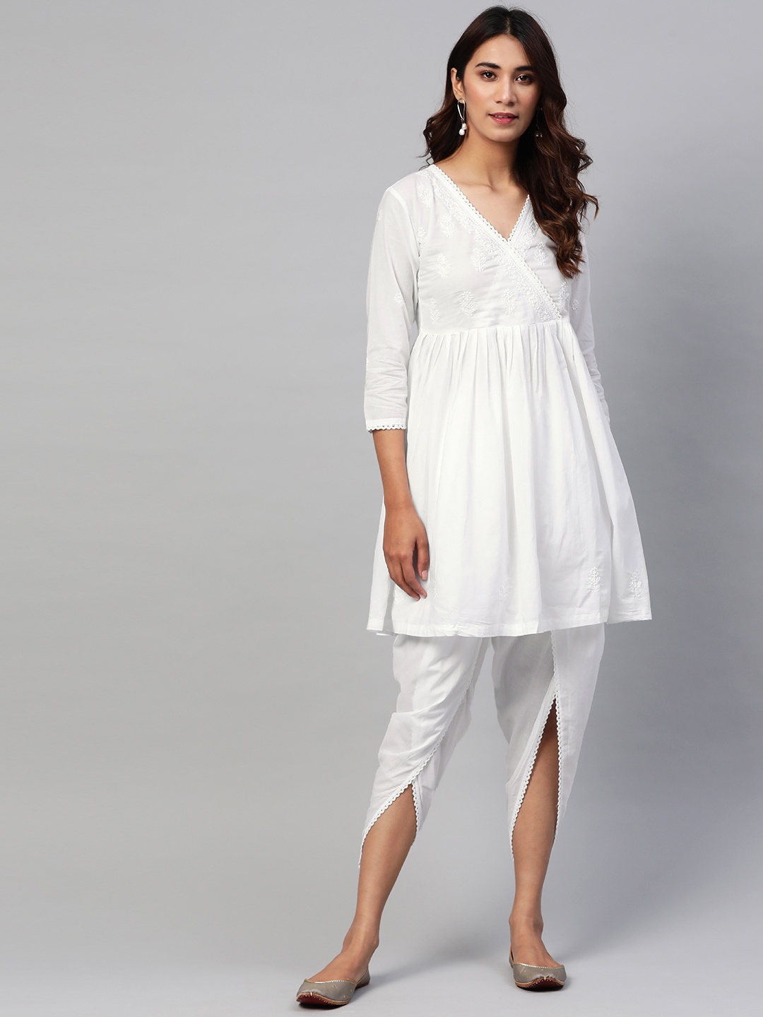 ADA Women White Chikankari Yoke Design Pure Cotton Angrakha Handloom Kurta with Dhoti Pants
ADA Women White Chikankari Yoke Design Pure Cotton Angrakha Handloom Kurta with Dhoti Pants