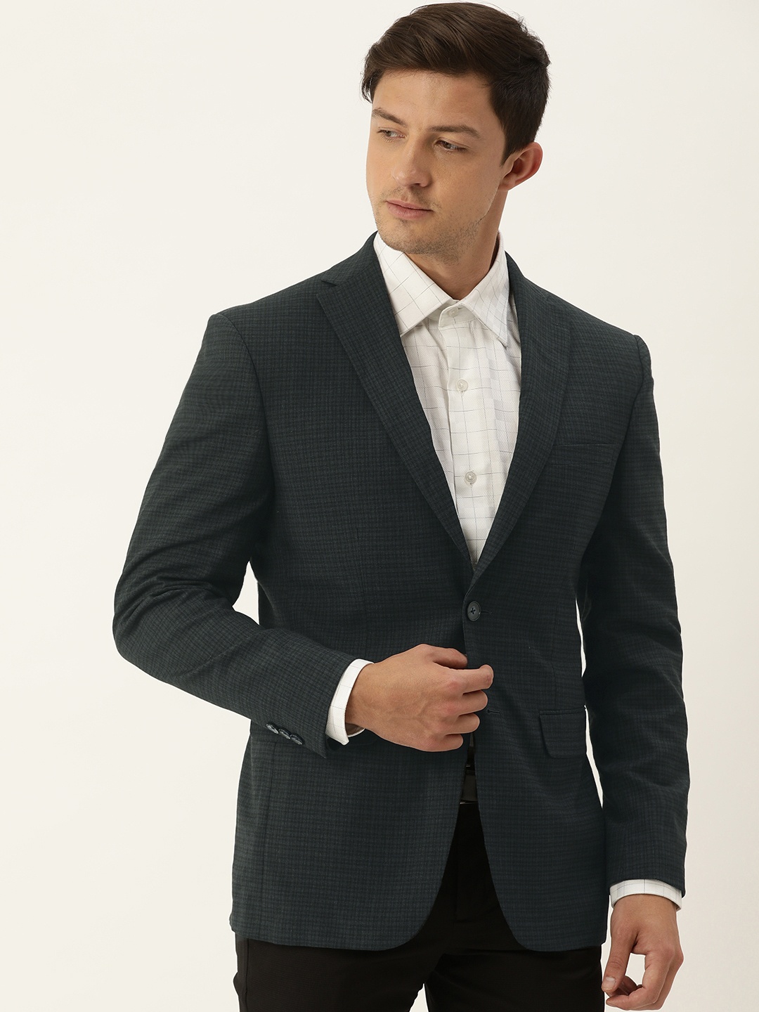 Peter England Men Black & Blue Self Checked Neo Slim Fit Single-Breasted Formal Blazer
Peter England Men Black & Blue Self Checked Neo Slim Fit Single-Breasted Formal Blazer