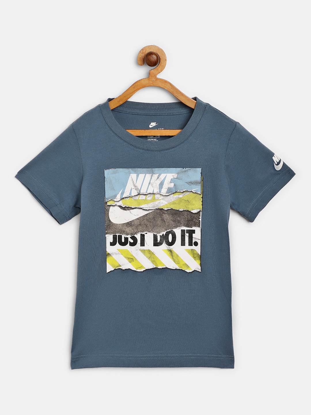 Nike Boys Teal Blue White Brand Logo Print Shoe Box Tears Round Neck Pure Cotton T-shirt