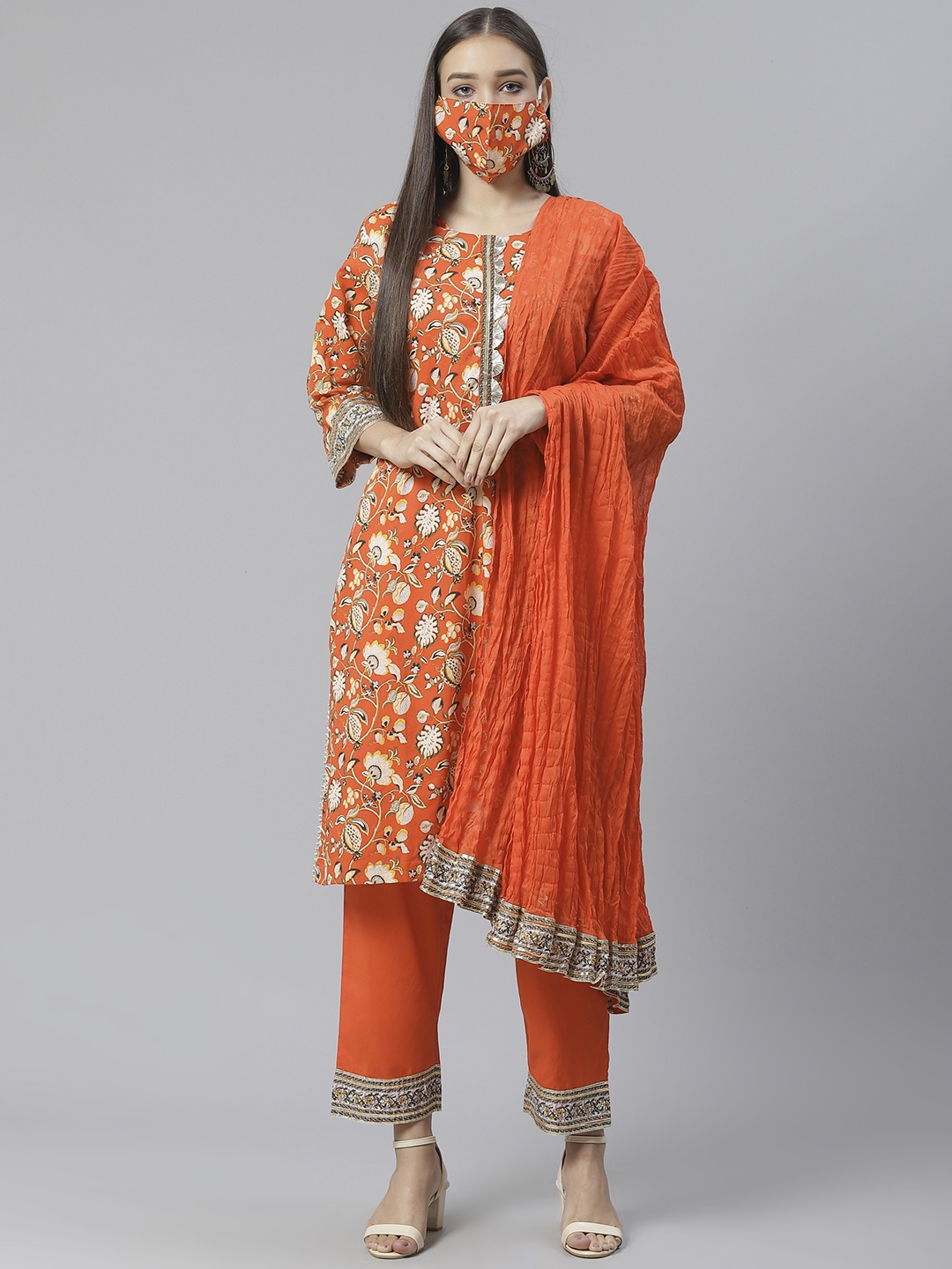 Biba Women Orange Off-White Cotton Floral Print Kurta with Trousers Dupatta