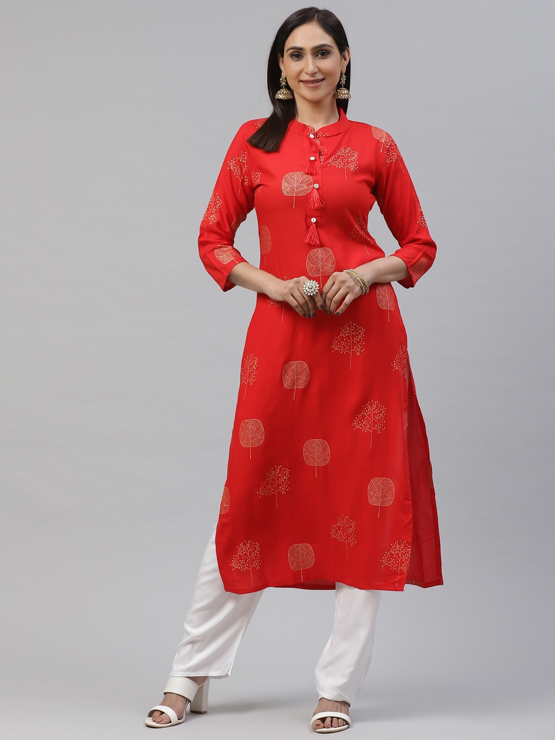 GoSriKi Women Red & White Printed Kurta with Palazzos