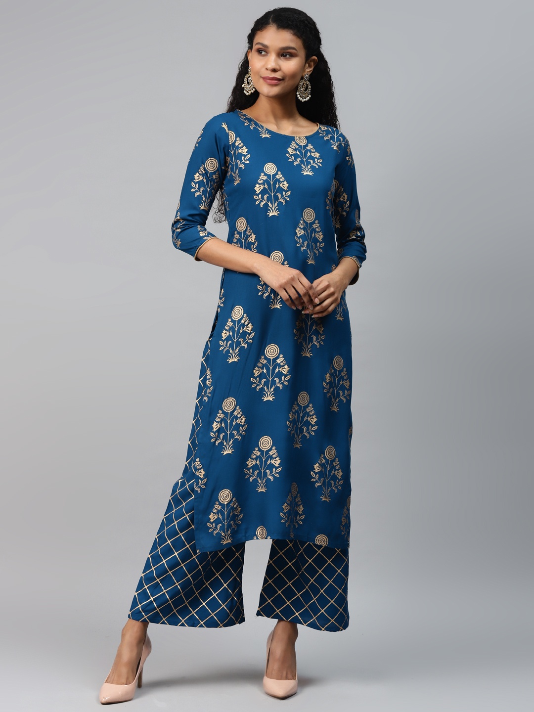 KALINI Women Blue & Golden Printed Kurta with Palazzos