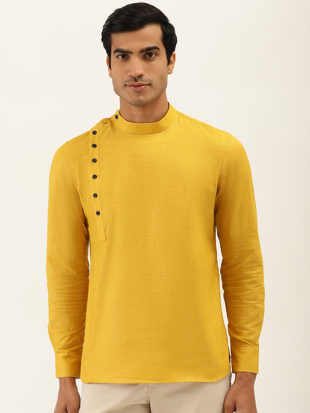 Manyavar Men Mustard Yellow Solid Short Kurta
