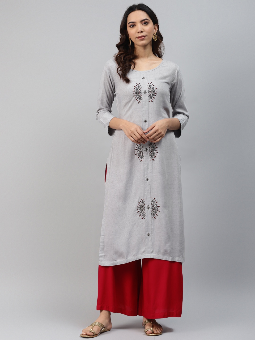 HIGHLIGHT FASHION EXPORT Women Grey Zardozi Handwork Straight Kurta