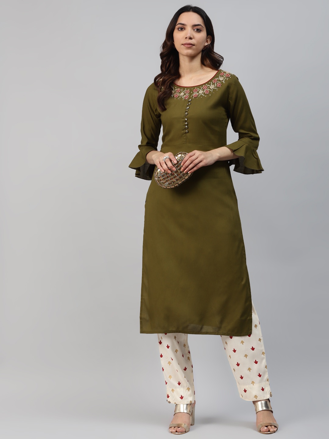 HIGHLIGHT FASHION EXPORT Women Olive Green & Golden Zari Embroidered Bell Sleeves Kurta
HIGHLIGHT FASHION EXPORT Women Olive Green & Golden Zari Embroidered Bell Sleeves Kurta