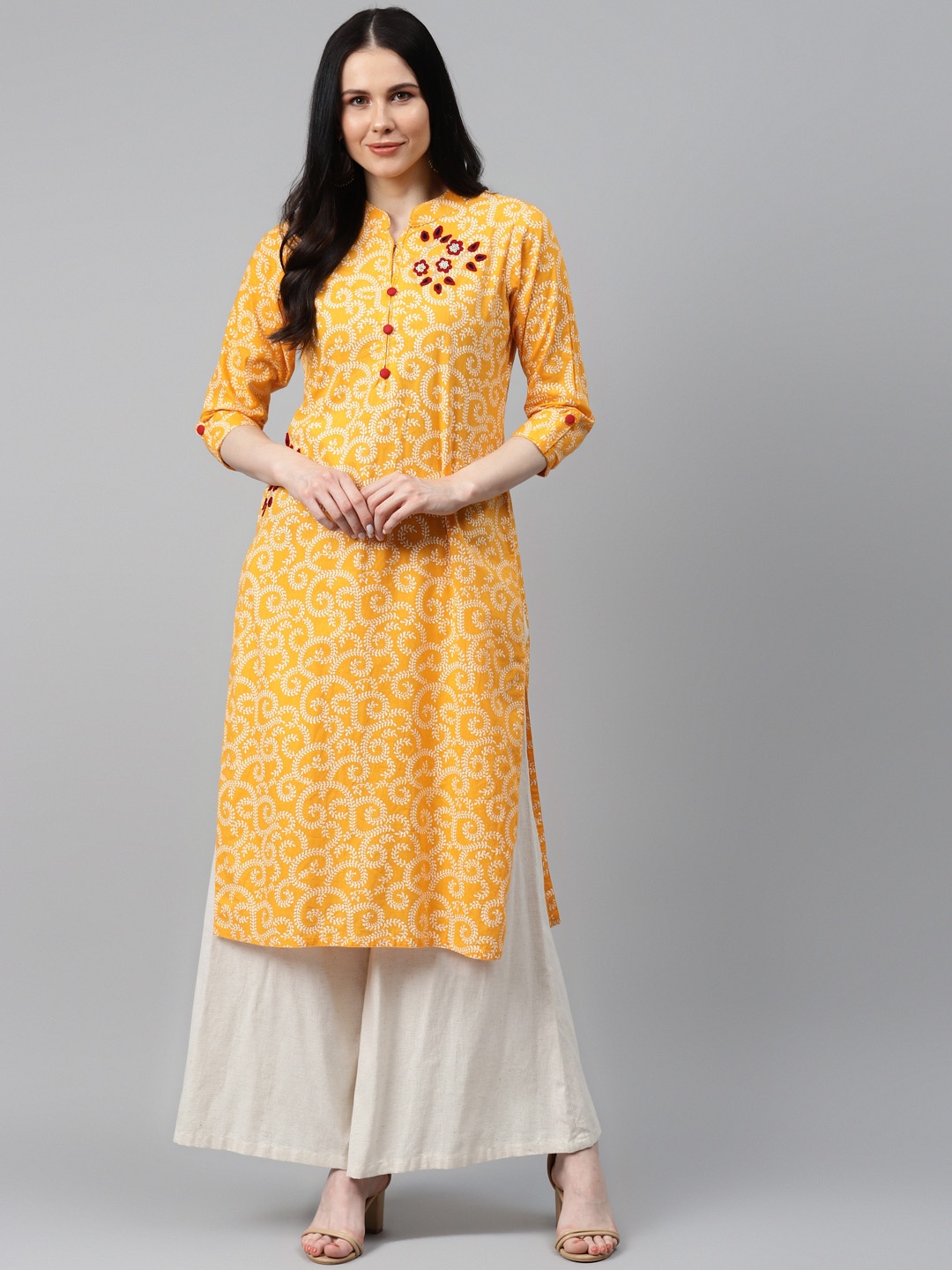 HIGHLIGHT FASHION EXPORT Women Yellow & White Ethnic Embroidered Phulkari Cotton Kurta
HIGHLIGHT FASHION EXPORT Women Yellow & White Ethnic Embroidered Phulkari Cotton Kurta