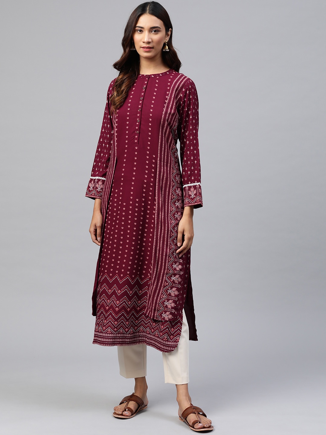 Global Desi Women Maroon & Peach-Coloured Ethnic Motifs Printed Ecovero Layered Kurta
Global Desi Women Maroon & Peach-Coloured Ethnic Motifs Printed Ecovero Layered Kurta