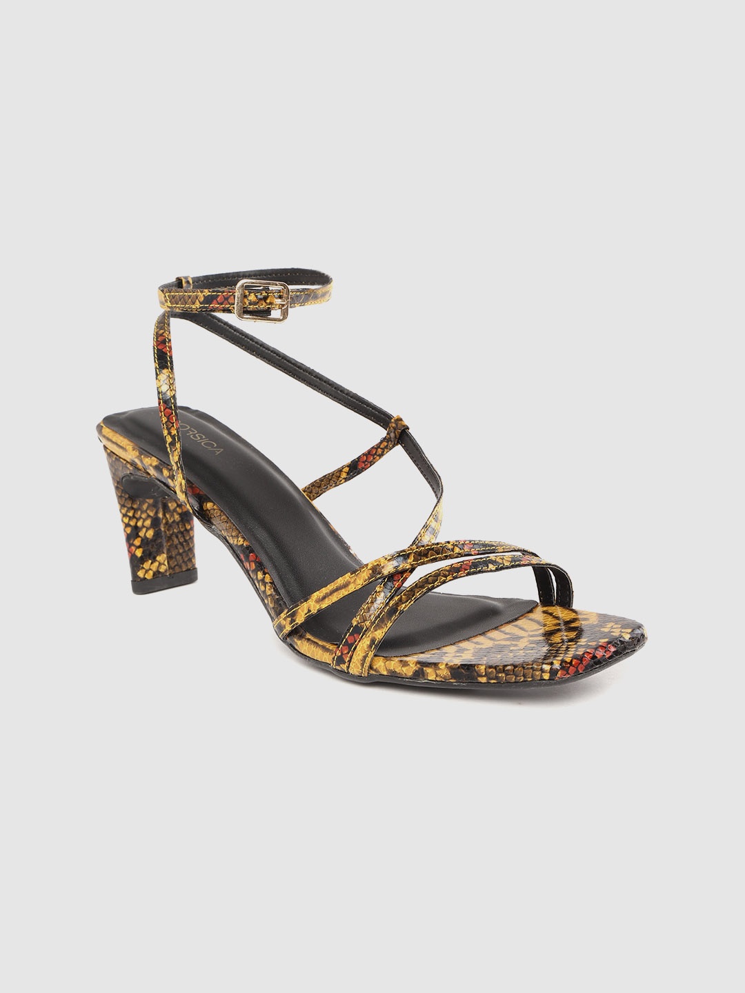 CORSICA Women Mustard & Black Snakeskin Print Strappy Block Heels
